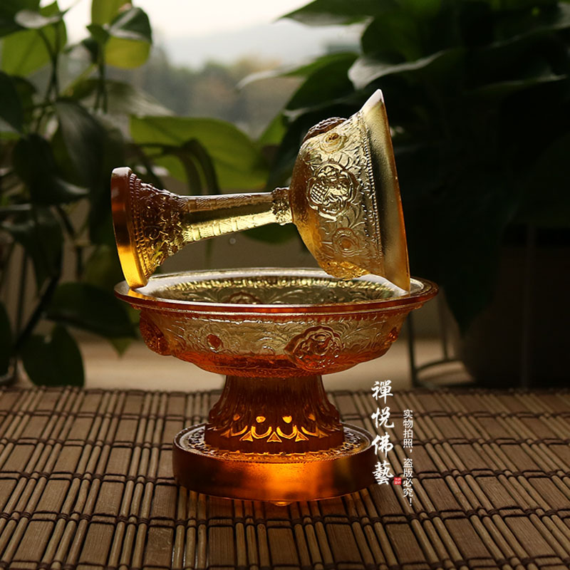 古法真琉璃密宗法器尼泊尔修行杯八吉祥浮雕供杯护法杯小号琥珀色