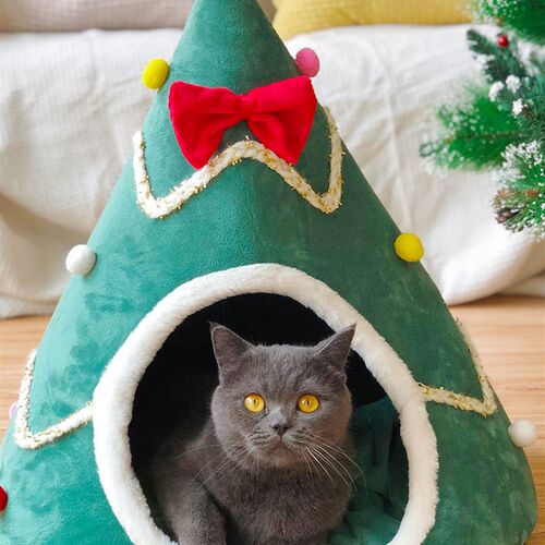 圣诞树猫窝宠物狗窝新年节日冬季保暖半封闭猫屋深度睡眠窝床加厚