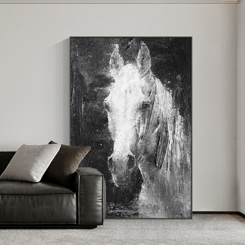 大幅客厅画落地装饰画黑白马到成功艺术壁画沙发墙画走廊玄关挂画
