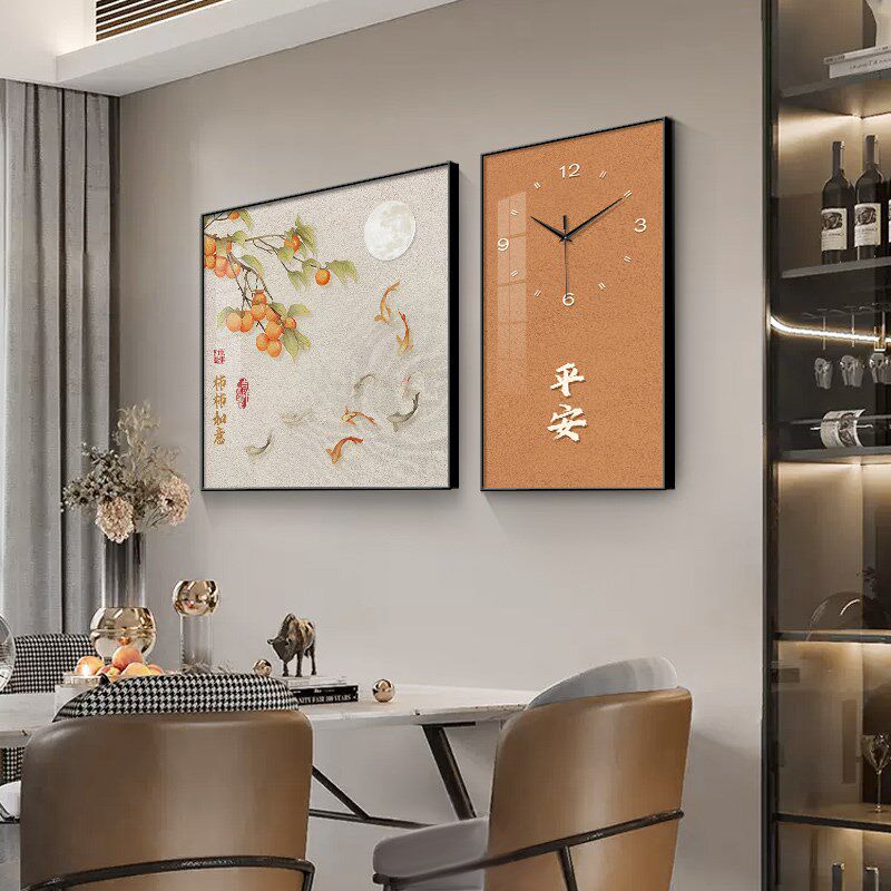 新中式柿子餐厅装饰画艺术时钟挂墙柿柿如意钟表挂钟创意两联挂画