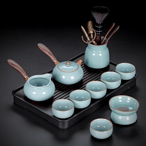 汝窑茶具套装家用高档轻奢陶瓷茶壶盖碗新款喝茶天青色汝瓷茶杯整