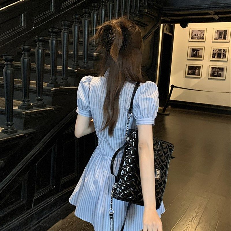 学院风套装收腰显瘦裙子大码胖mm条纹衬衫连衣裙女春夏短裤两件套