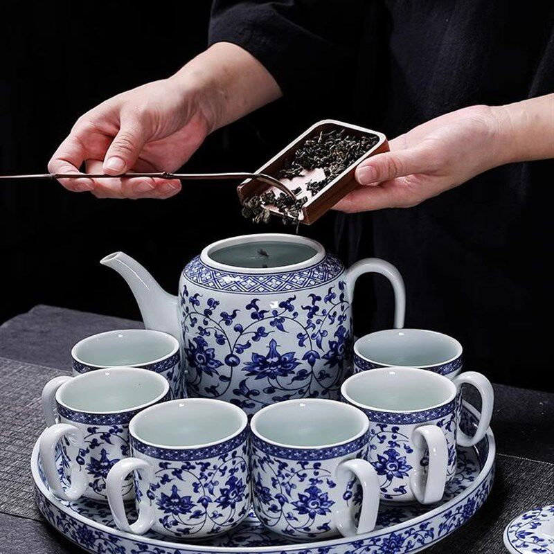 景德镇中式青花瓷茶具套装家用 高档轻奢简约大号茶壶与茶杯礼盒