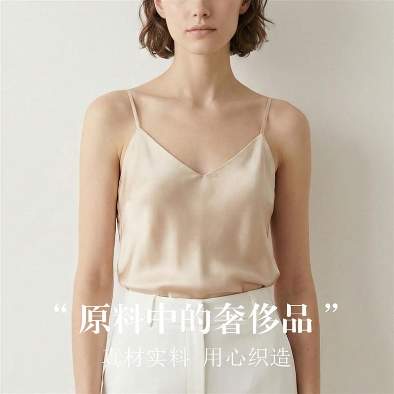 真丝V领文胸美背胸垫一体吊带 桑蚕丝超薄弹力缎大A摆宽松背心