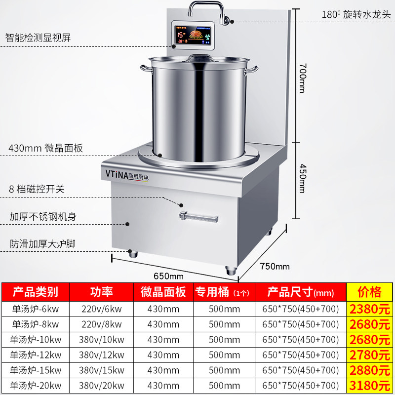 商用电磁炉单头平面矮脚汤炉15KW大功率煲汤炉饭店厨房设备低汤灶