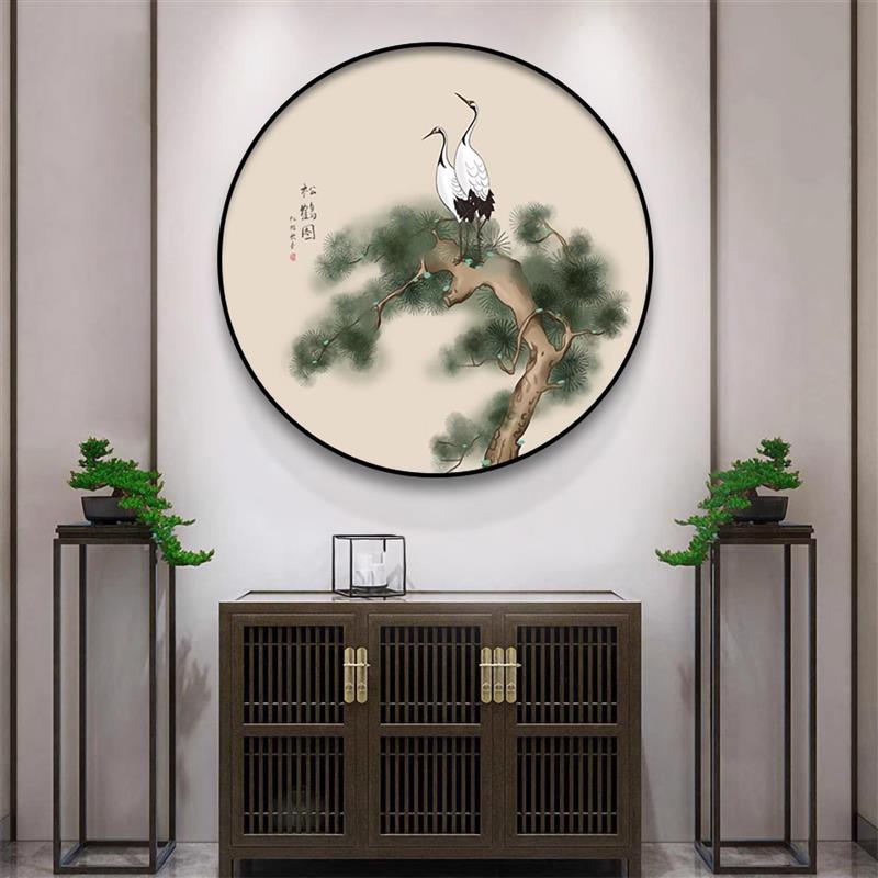 新中式玄关画松鹤图圆形茶室装饰画书房挂画入户门走廊迎客松壁画