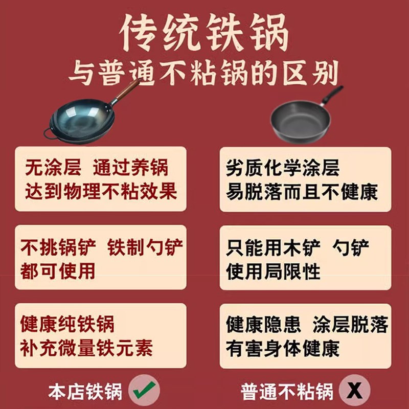 章丘老式手工铁锅炒菜锅家用不粘锅炒锅燃气灶专用已开锅熟铁大勺