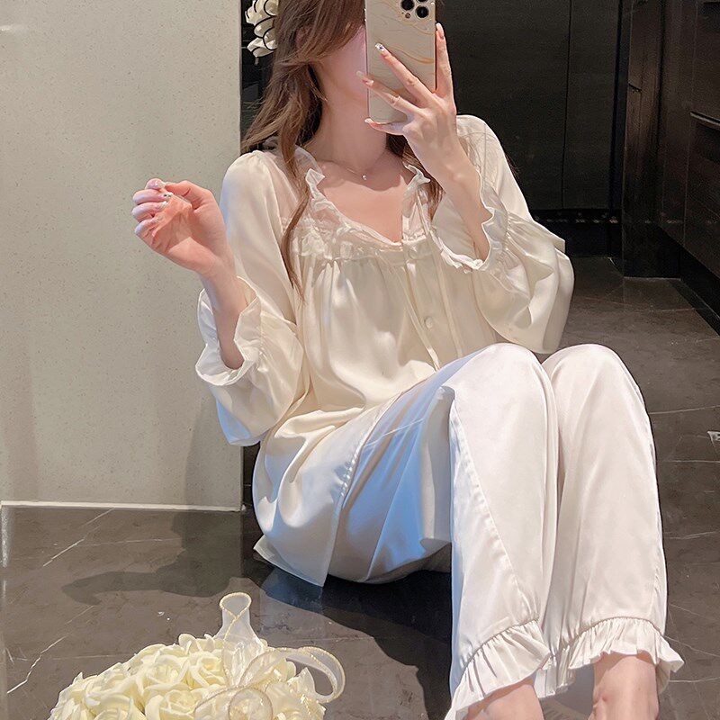 桑蚕丝睡衣女士2025年新款纯欲风蕾丝拼接薄款真丝长袖家居服套装