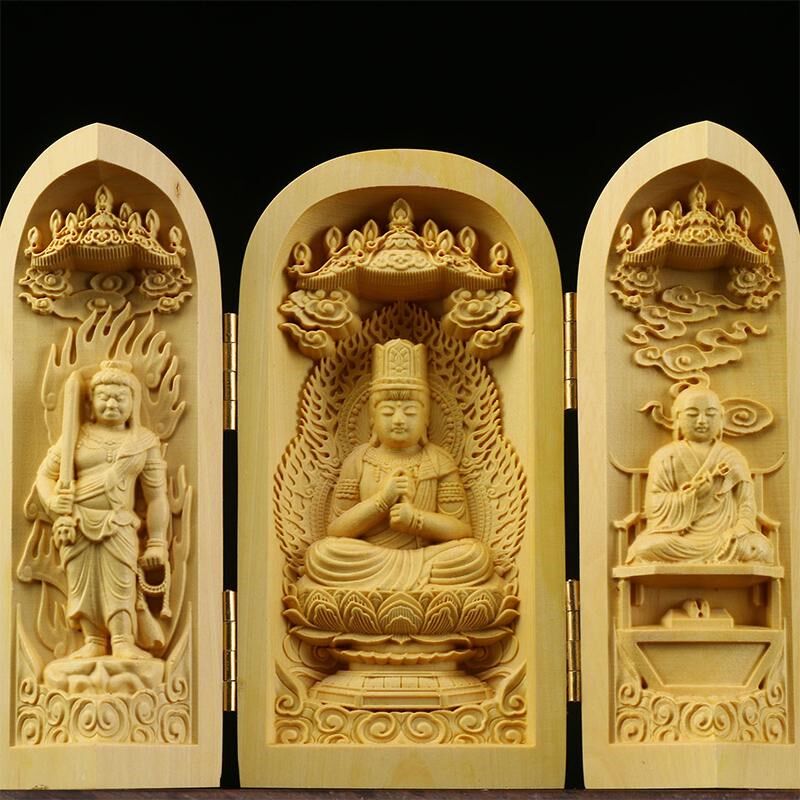 黄杨木雕刻西方三圣随身佛像观音菩萨车摆件家居三开盒送礼饰品