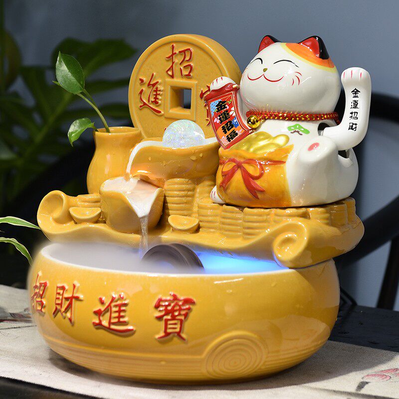 陶瓷流水招财猫摆件收银台自动招手风水轮旺财店铺吧台开业送礼品
