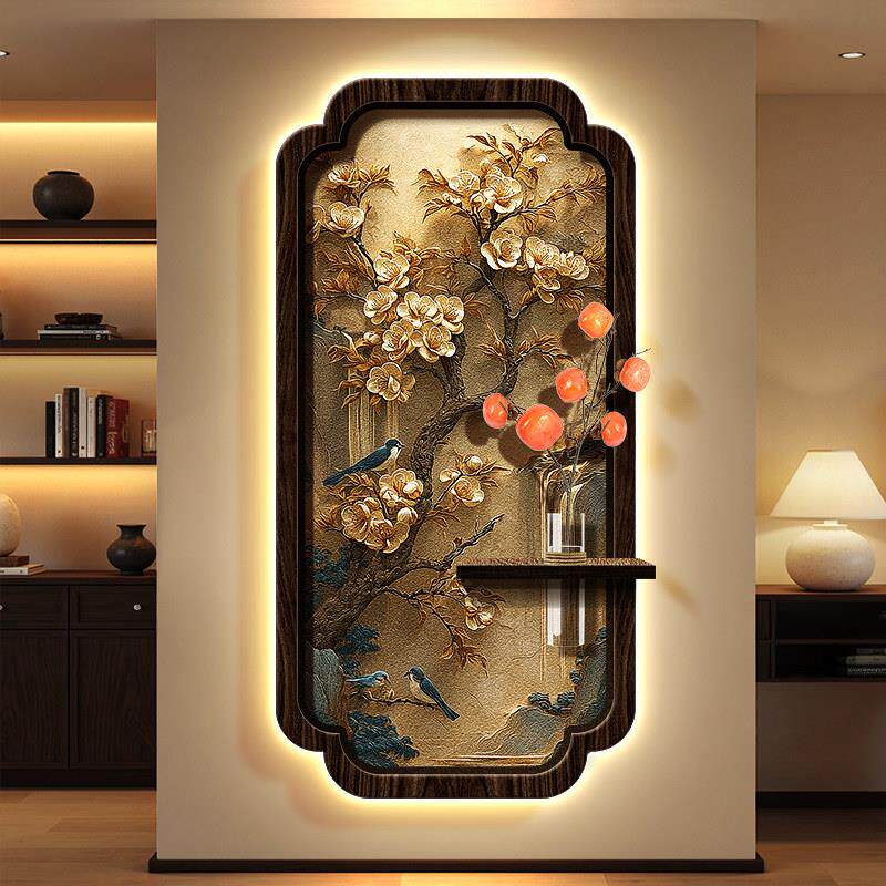 喜上枝头玄关装饰画宋代美学走廊砂岩壁画灯梅花入户水培绿植挂画