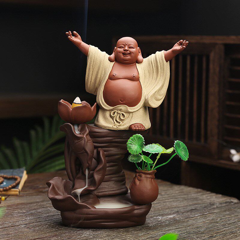 招财弥勒佛摆件紫砂倒流香炉大号家用复古茶道佛具室内陶瓷香薰炉