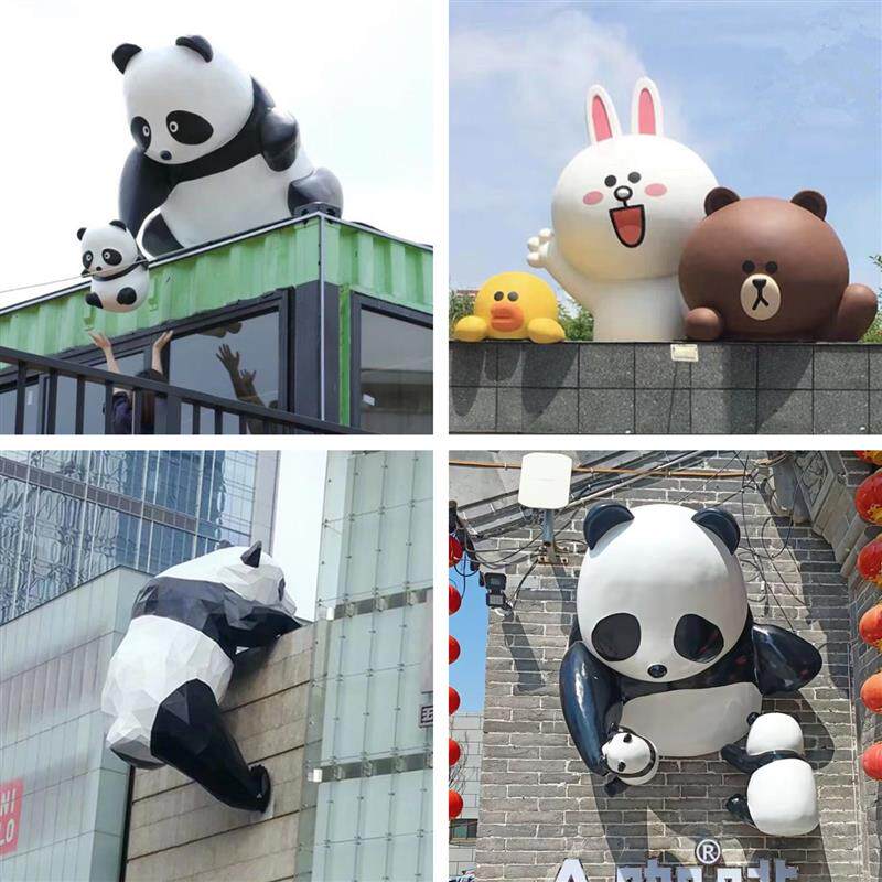 室外网红奶茶店爬墙打卡通熊猫装饰门头玻璃纤维雕塑壁挂座椅大摆