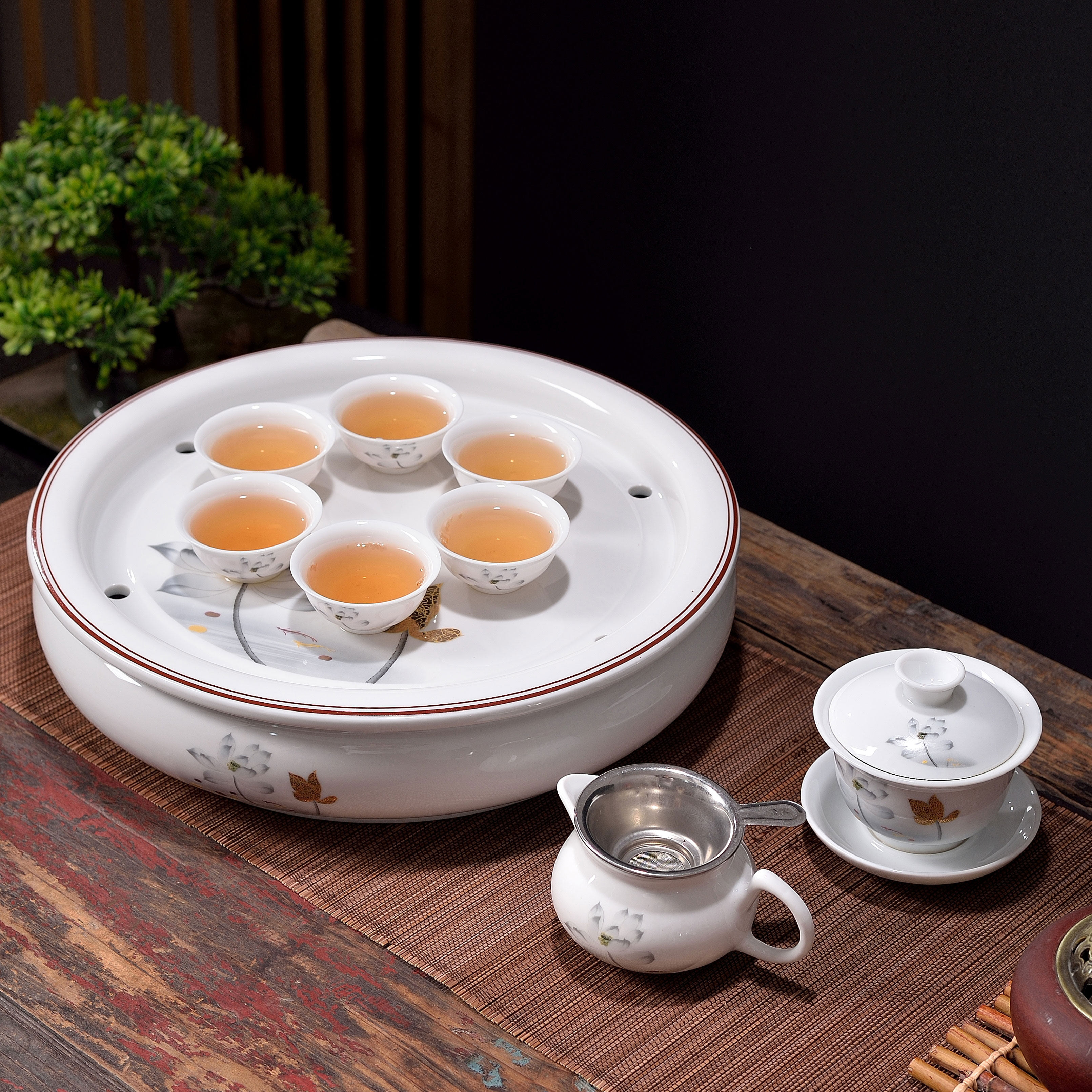 家用功夫茶具茶船骨瓷储水圆形大号茶盘整套盖碗茶杯简约茶具套装