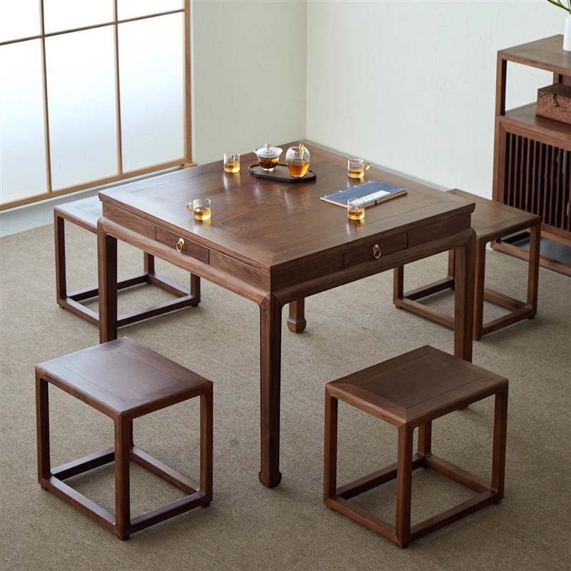 北美黑胡桃木餐桌椅组合四方桌现代简约家用正方形棋牌桌八仙桌