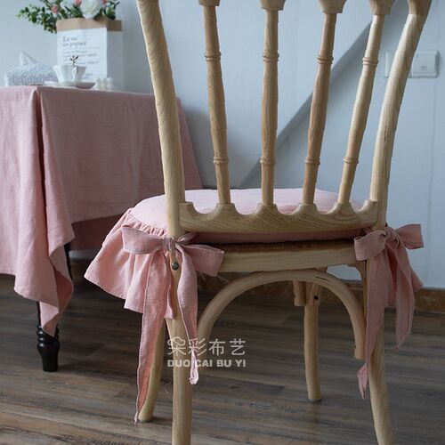 定制透气可拆洗椅垫北欧法式荷叶边苎麻亚麻布艺餐椅套纯色耐磨