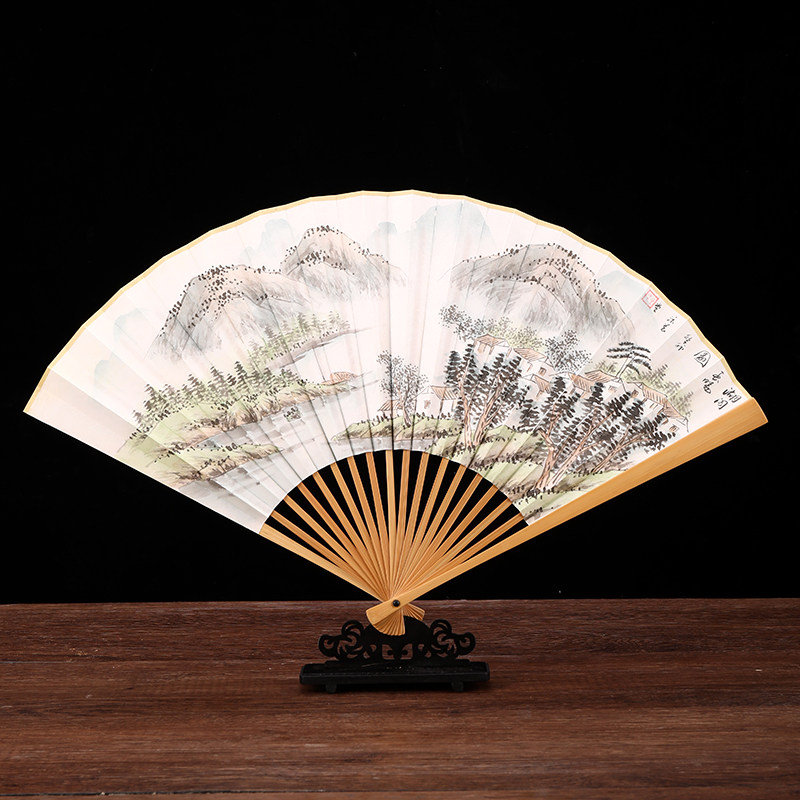 9寸95寸折扇苏工男女山水写意手绘玉竹中国风文玩古风礼品纸扇子