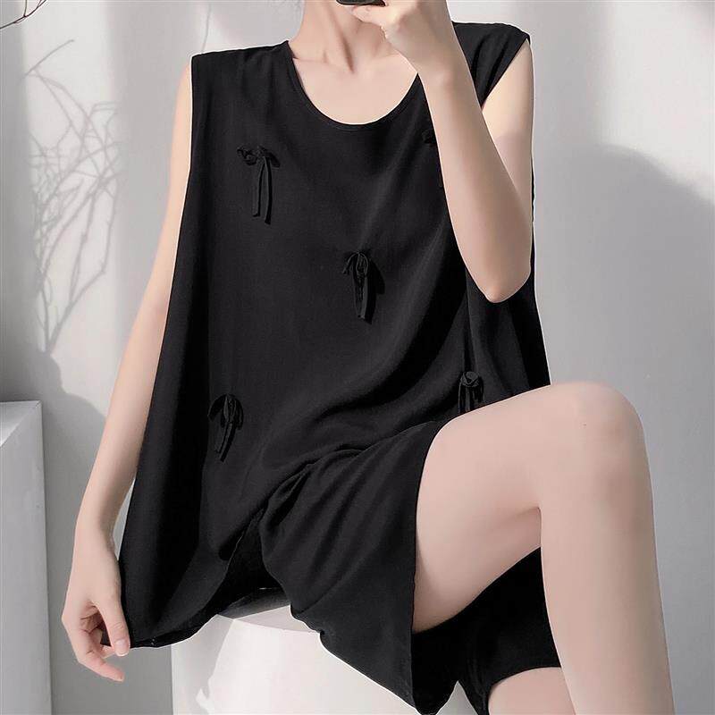 气质黑带胸垫背心短裤睡衣女夏无袖高级感家居服防凸点带胸垫套装