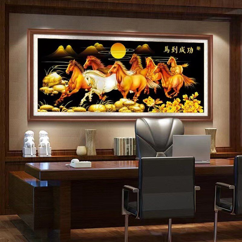 十字绣成品纯手工马到成功八骏全图新中式客厅装饰画带框装裱出售