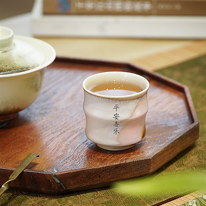 景德镇 私人订制手工陶瓷窑变粉绿竹节杯对杯刻字款茶杯品茗杯
