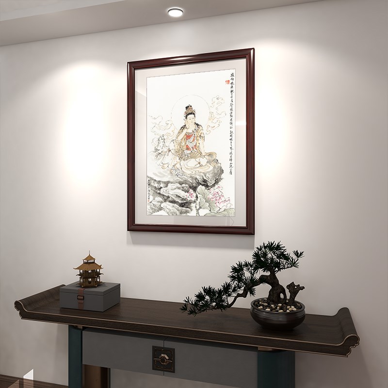 观世音菩萨画像光世音实木框挂画玄关供奉版画佛像平安结缘国画