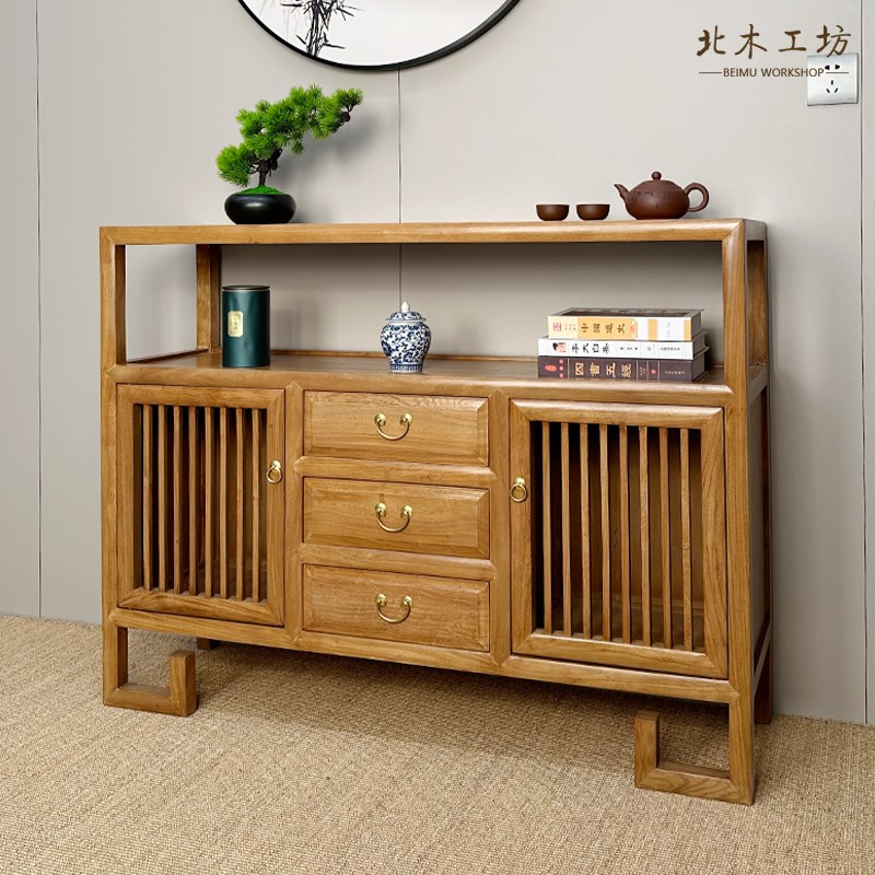 老榆木新中式实木餐边柜家庭靠墙展示柜子简约现代茶室玄关柜新款