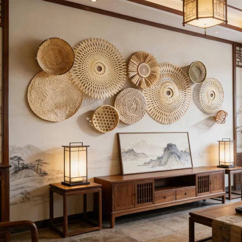 北欧中式手工竹编藤编墙上艺术装饰挂件民宿家居客厅圆形墙面挂饰