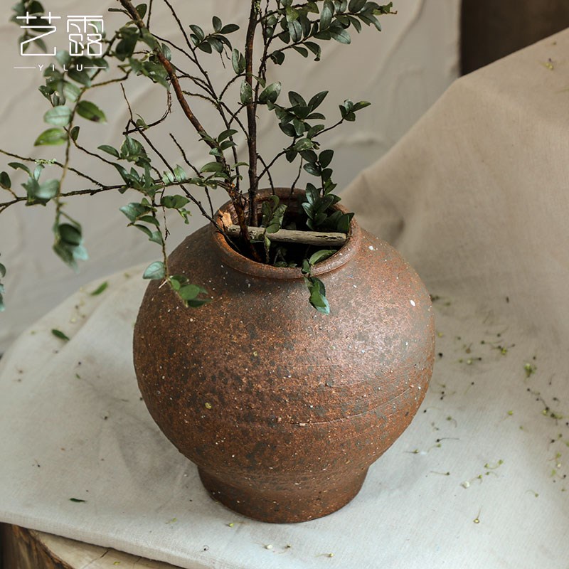 侘寂风粗陶陶罐水培桌面植物鲜花花瓶客厅民宿新中式高级感设计