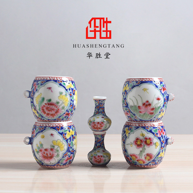 华胜堂 景德镇手绘粉彩四季花图案六件套鸟食罐麻料杯鸟笼配