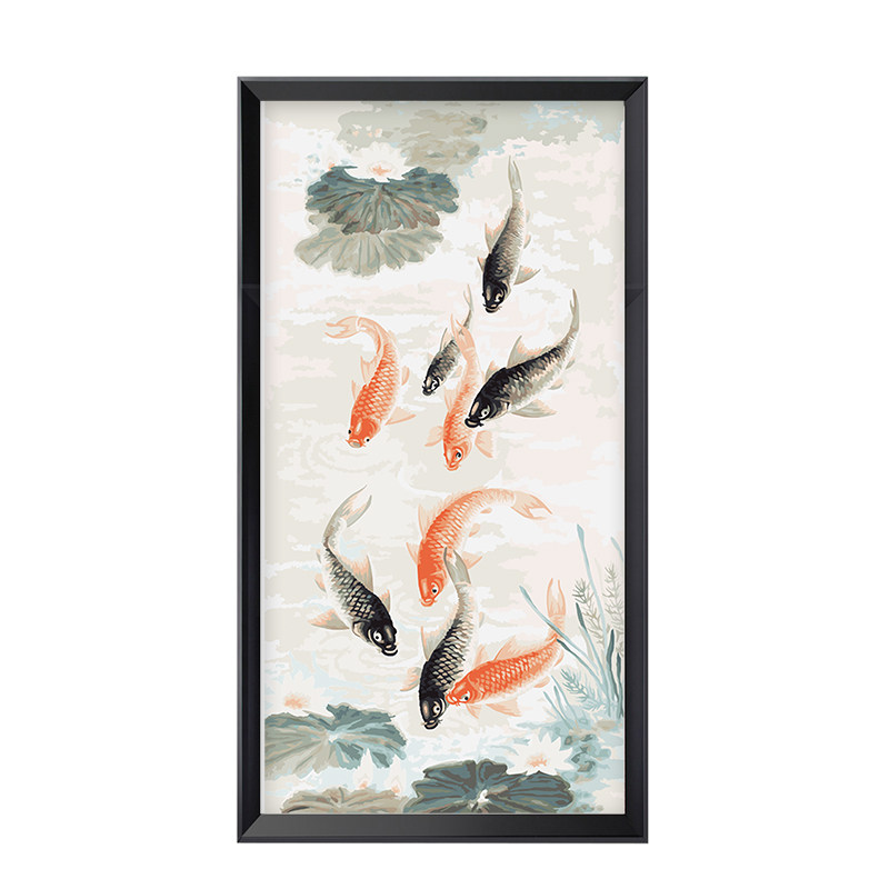 自油自画 数字油画diy手绘大幅客厅新中式油彩填色装饰 九鱼聚财