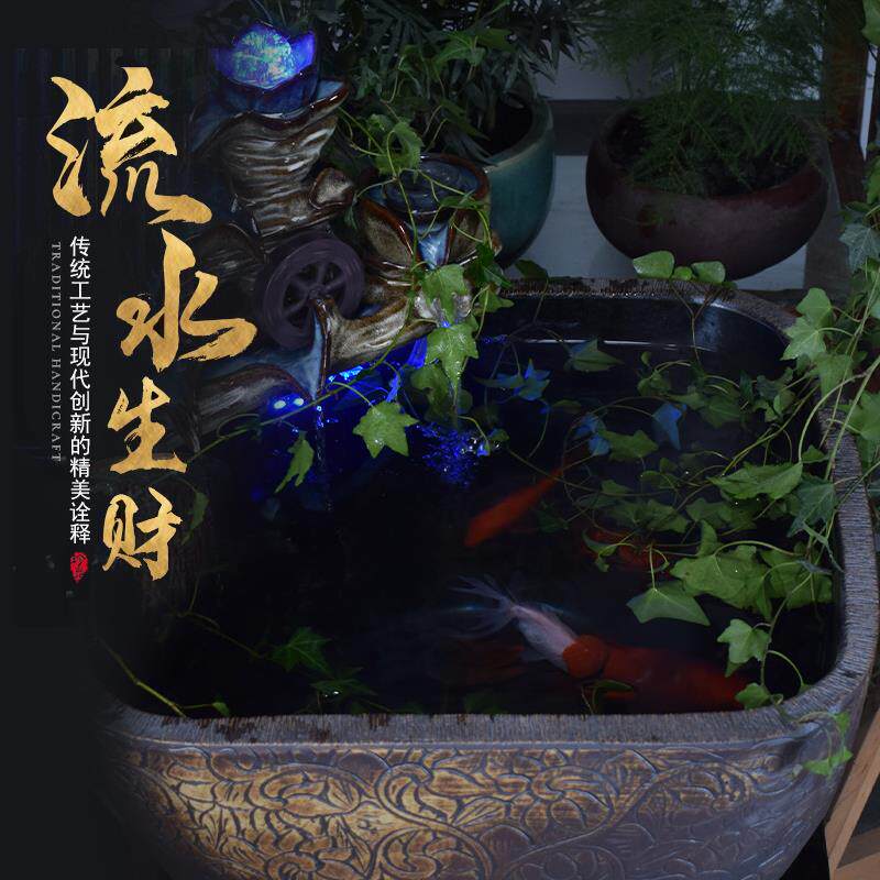 仿石鱼缸大号陶瓷鱼缸客厅落地摆件家用造景荷花缸方形养鱼盆粗陶