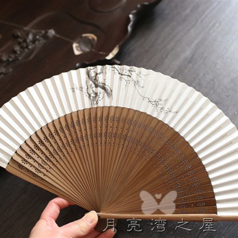 月亮扇 高档男扇女扇中国风折扇竹柄扇穿扇双面纸扇 梅花 送扇套