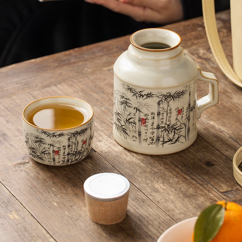 汝窑办公杯墨竹小暖壶水杯陶瓷一人用茶壶大容量泡茶杯伴手礼定制