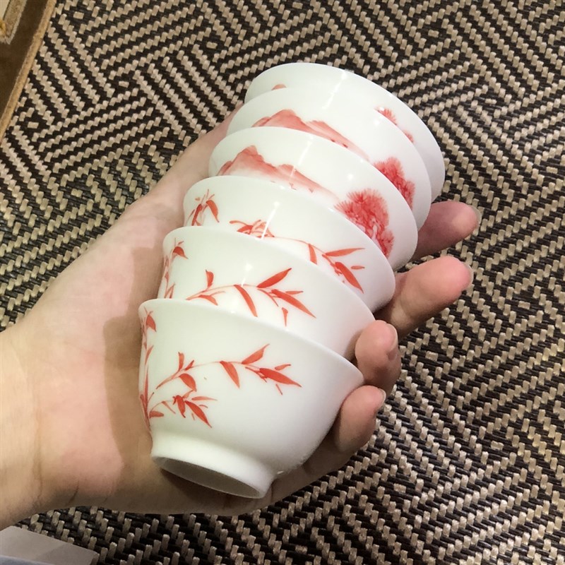 八十年代潮州枫溪窑彩瓷厂老手绘矾红贡红工夫茶若深珍藏功夫茶杯