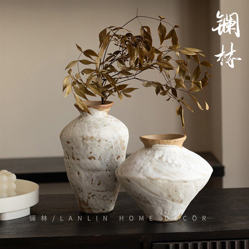 粗陶陶瓷花瓶插鲜花手工怀旧民宿酒店侘寂意境摆件禅意化妆土开岁