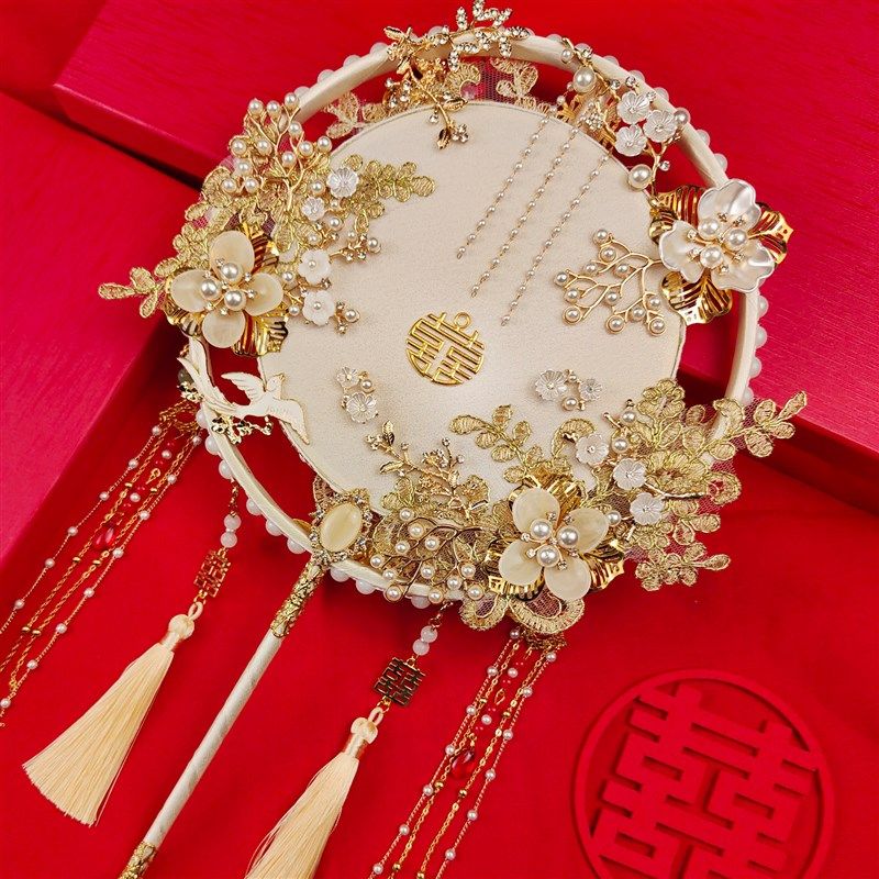 艺涵手作中式金色秀禾手工喜扇古风婚礼扇新娘团扇结婚diy材料包