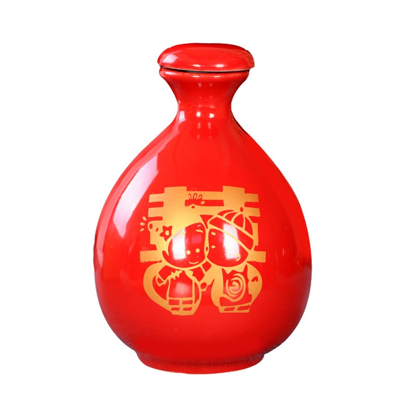 陶瓷一斤结婚喜字空酒瓶满月酒坛寿字酒壶喜庆红色家用酒罐密封瓶
