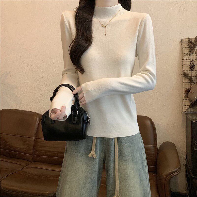 粉色毛衣女秋冬半高领修身显瘦加厚一体绒保暖长袖打底针织衫上衣