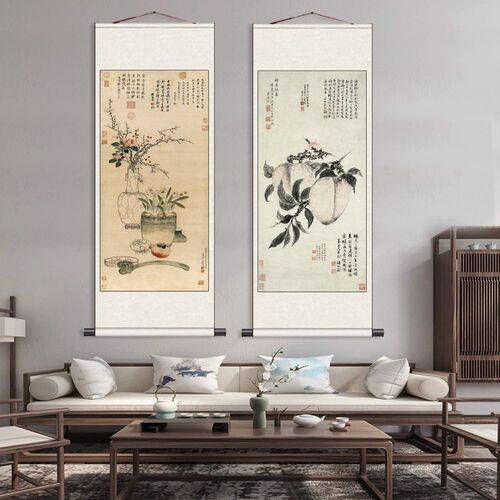 仿古名家山水花鸟挂画礼品字画陆治卷轴挂画酒店装饰壁画古典丝绢