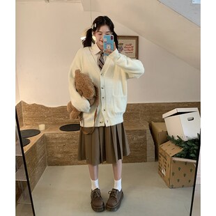 东京岁时记jk制服秋季套装奶黄色长袖衬衫卡其色百褶裙甜美两件套