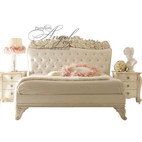 美式乡村实木雕花床法式复古做旧公主床布艺软包双人床卧室婚床