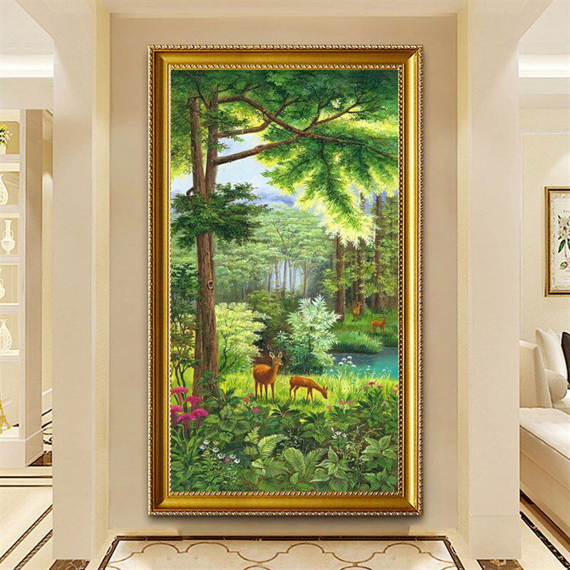 高档聚宝盆山水画入户玄关装饰画 竖版走廊过道挂画油画 风景壁画