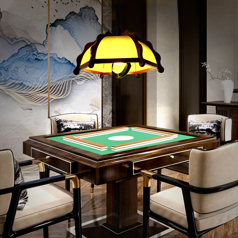 新中式单吊灯棋牌室麻将灯茶馆升降灯木艺仿羊皮灯罩餐厅吧台吊灯