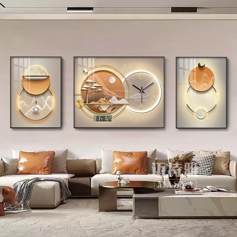 现代轻奢万年历客厅装饰画带钟表沙发背景墙挂画高级感三联画时钟