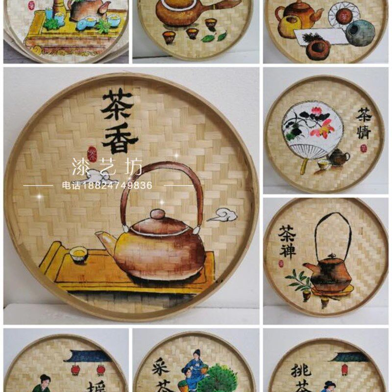手绘竹编簸箕画装饰品餐厅挂饰米筛墙饰田园农村墙壁挂农家乐挂画