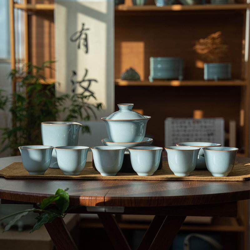 高档冰裂汝窑茶具套装家用中式整套盖碗泡茶壶办公室功夫茶具送礼