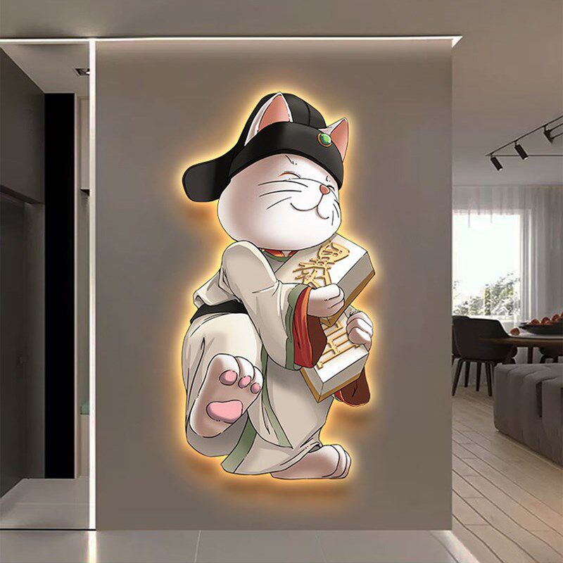 现代入户玄关装饰画卡通招财猫寓意好壁画走廊过道LED发光灯画