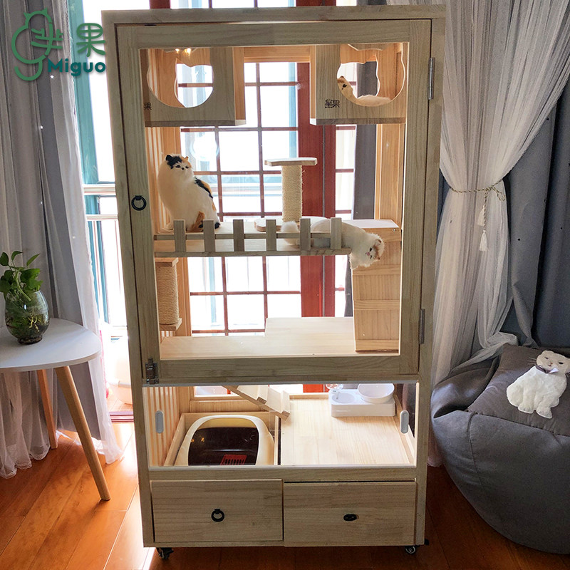 实木制猫笼子猫别墅小猫公寓家用超大室内猫舍日系带厕所一体抽屉