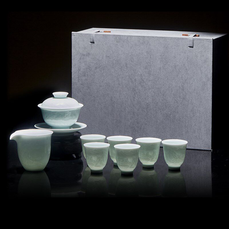 景德镇陶瓷浮雕山水三才盖碗中式高档功夫茶具套装茶杯办公室专用