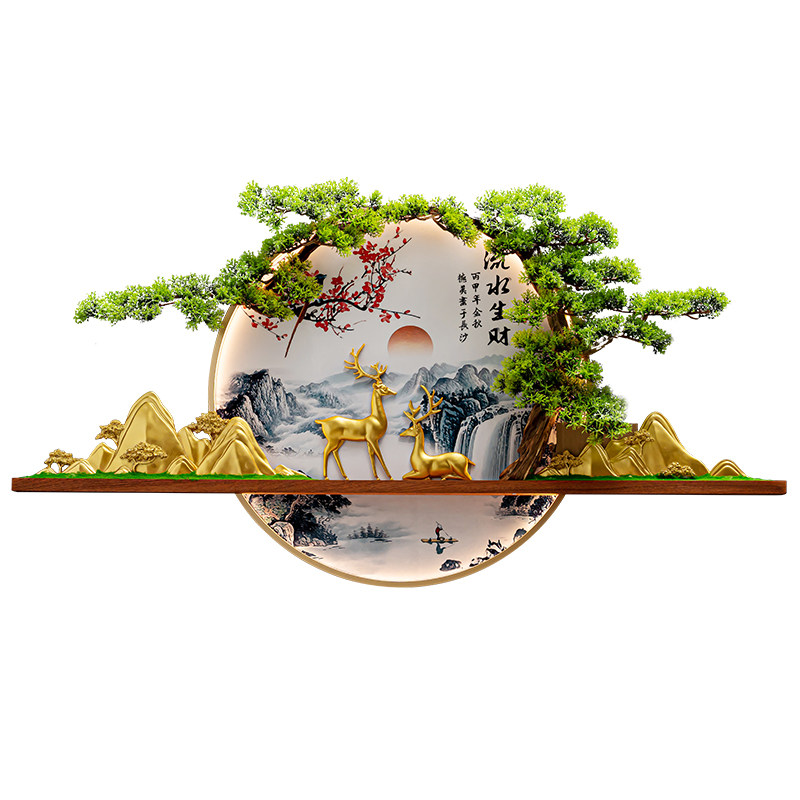 新中式装饰画圆形玄关客厅沙发背景墙上带灯立体迎客松铁艺壁饰